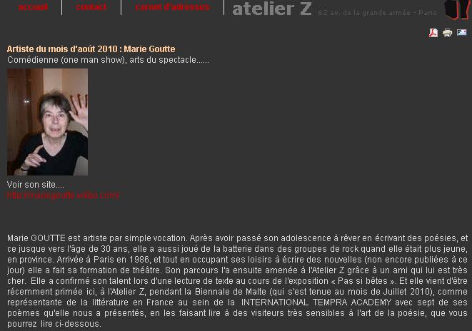 Article sur le site de l`Atelier Z pour Artiste du mois d`Aot 2010